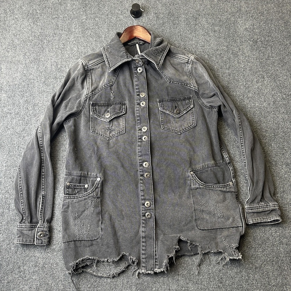 Free People Jacket Womens XS Gray Denim Distressed Long Shacket Oversized Casual